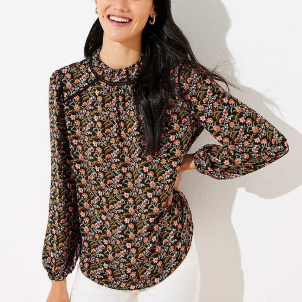 LOFT mixed media ruffle neck boho floral blouse